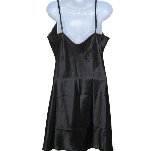 Vintage Shirley of Hollywood Knee Length Satin Slip Nightgown L Black Embroidery - Picture 10 of 12
